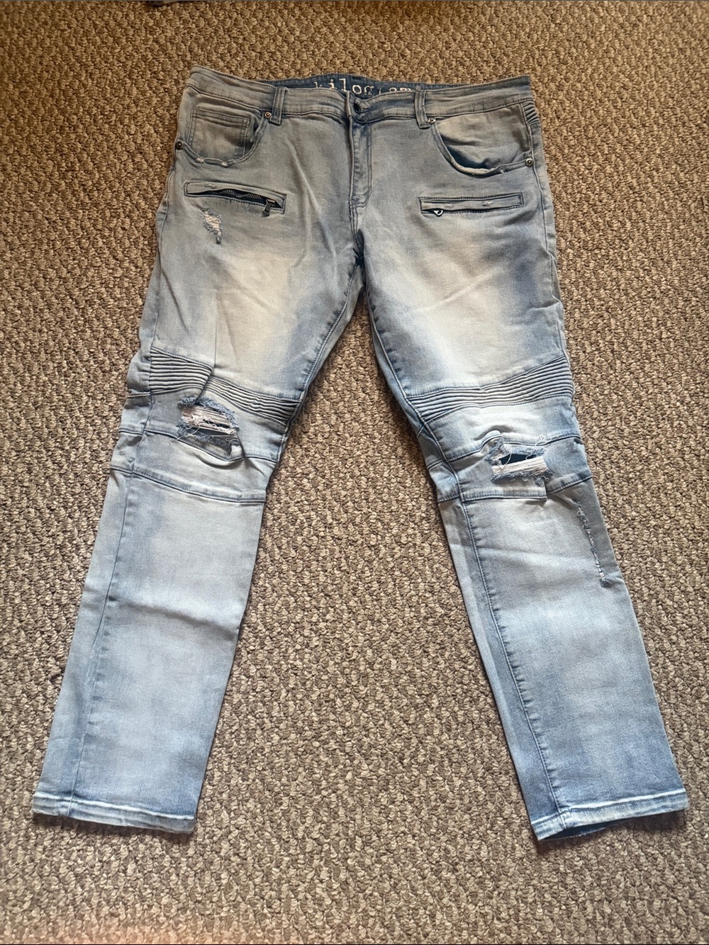 Kilogram Men's Light Blue Distressed Moto Jeans